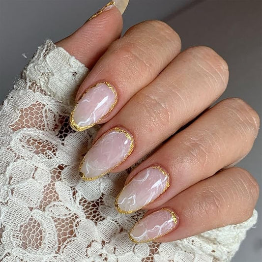 Medium Almond Press on Nails Nude Fake Nails with Gold Glitter Design Acrylic Nails Press ons Full Cover Marble Stripes Stick on Nails Reusable Glossy Glue on Nails for Women Girls Manicure 24Pcs