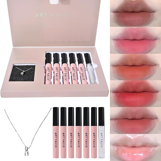 Makeup Set for Women, 7 Pcs Gift Box Set Include Matte Lipstick, Lip Balm and Necklace, Easy to Match with Different Makeups, Christmas，Valentine's Day Makeup Set Gift for Girls-04