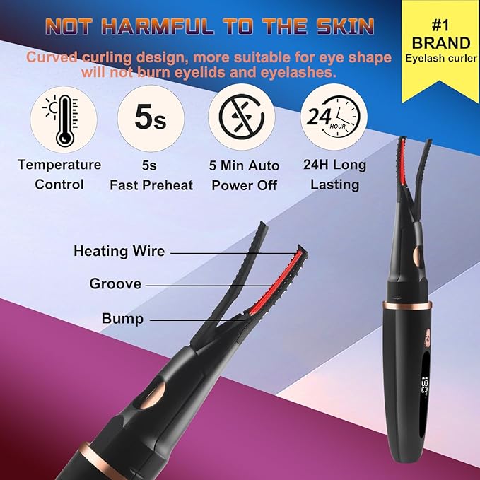 Heated Eyelash Curlers - 2 in 1 Clip- Type Electric lash Curler Best Seller 5S Heating Eyelash Curler LED Display 3 Temp Settings for Makeup Tools USB Rechargeable Natural Curling-Black