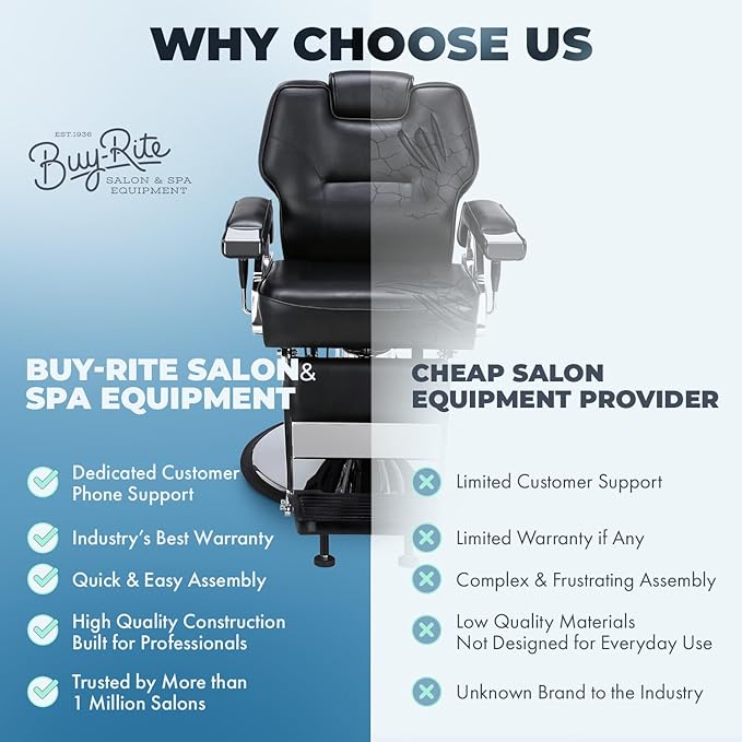 Buy-Rite K.O. Professional Barber Chair - Fully Reclining Hydraulic Barbering Chair with 360° Swivel, Adjustable Headrest, Extra-Wide Seat & 28" Chrome Base for Barbershops, SY-31307