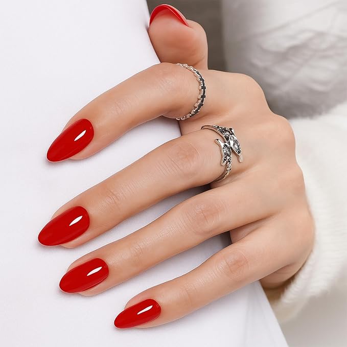 Press on Nails, Short Red Press on Nails Almond Reusable Glossy Red Nails Soft Gel False Nails Press ons for Women, 16 Sizes 32 Count Nails Kit with Glue (SV-03)