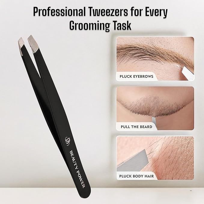 Slant Tip Precision Tweezers - Stainless Steel Eyebrow Tweezers for Women & Men - Precision Tweezers for Facial Hair, Ingrown Hair & Brow Shaping - Professional Beauty Tool (Matte Black)