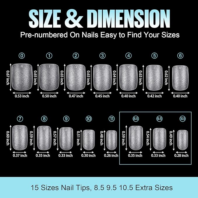 TOMICCA Extra Short Nail Tips Square, 15 Sizes Pre-shaped Soft Full Matte Square Nails, 360Pcs Acrylic Full Cover Gel Tips Press on Nails for Nail Extension Manicure