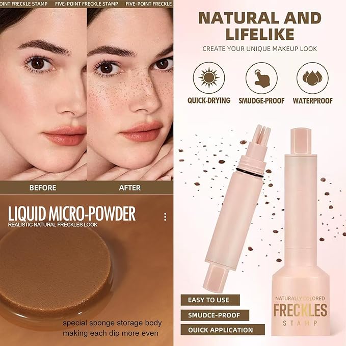 Freckle Stamp with 5 Point Precision Stamp Head, Natural Looking Faux Freckle Stamp Waterproof Fake Freckle Stamp Pen, High Pigment Long-Lasting Lifelike Sunkissed Pencil Tool Makeup (02# Medium)