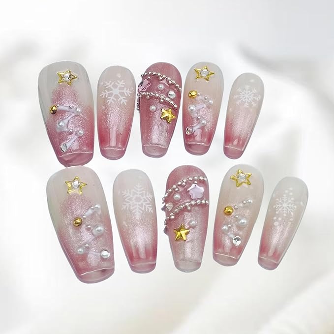 10Pcs Christmas Press on Nails Medium Square Pink Fake Nails Christmas Handmade Nails with 3D Pearl Rhinestones Design Glossy Full Cover Glue on Nails for Women Girls DIY Winter Acrylic Stick on Nails