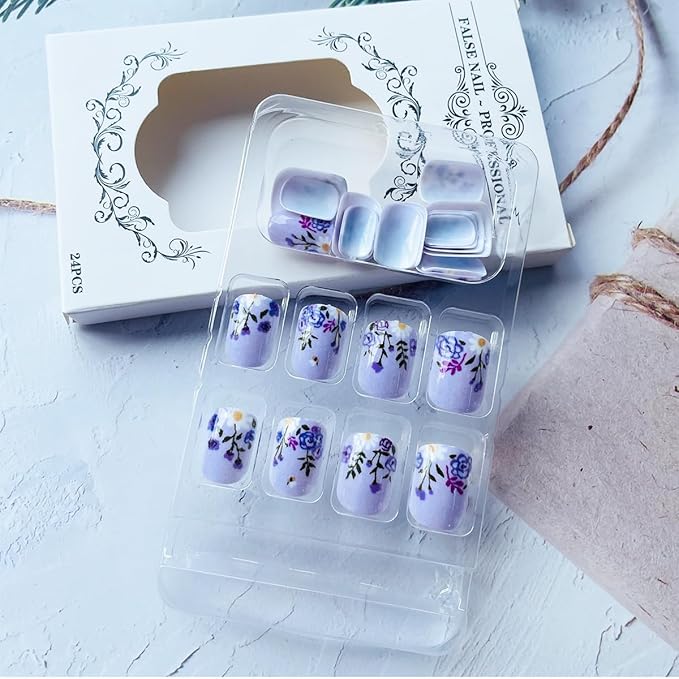 Short Square Press on Nails Purple Flower Fake Nails with Glossy Designs Cute Glue on Nails Full Cover Acrylic Nails Spring Summer False Nails Reusable Stick on Nails for Women Nail Art Decor 24pcs