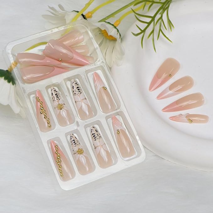 Fall Press on Nails Long Almond Fake Nails with Leopard Print Flower Designs Pink French Tip Nails Press ons Cute Acrylic Nails for Women 24Pcs