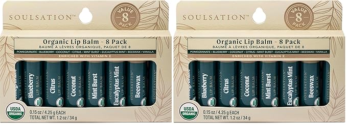 Organic Lip Balm Set, 8 Flavors - Moisturizing for Cracked & Dry Lips, For Men & Women (Pack of 2)