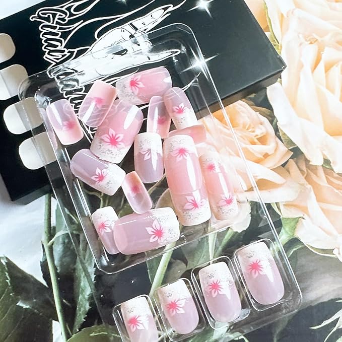24Pcs Pink Press on Nails Short Square Fake Nails with Glitter French Tip Glue On Nails Spring Flower Acrylic Nails Press on Full Cover Pink Floral False Nails Nude Glossy Stick on Nails for Women