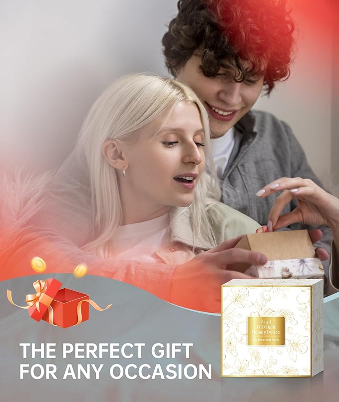 Red Light Therapy for Face and Neck, 7 Color Facial Massager with Adjustable Vibration and Thermals for Wrinkles, Double Chin, Portable Skin Care Tool with Base, White