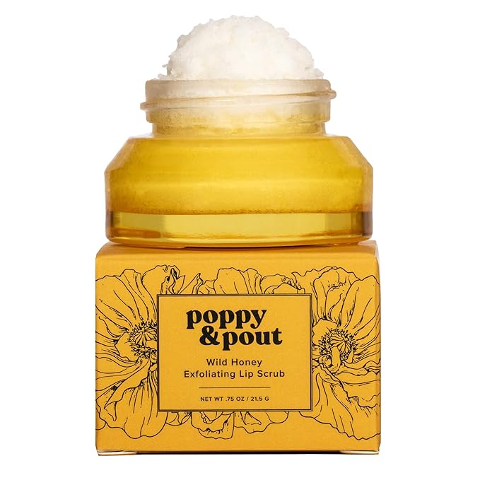 Poppy & Pout Natural Lip Scrub, Moisturizing Sugar Scrub for Dry Lips, Lip Scrubber Exfoliator with Essential Oils Smooths and Hydrates Lips, In Recyclable Glass Jars, Cruelty Free - Wild Honey