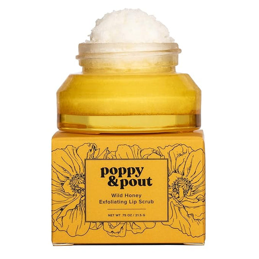 Poppy & Pout Natural Lip Scrub, Moisturizing Sugar Scrub for Dry Lips, Lip Scrubber Exfoliator with Essential Oils Smooths and Hydrates Lips, In Recyclable Glass Jars, Cruelty Free - Wild Honey