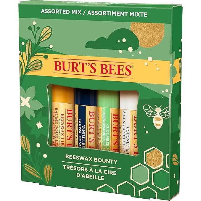 Burt's Bees Holiday Gift, 4 Lip Balms Stocking Stuffer, Assorted Mix Set, Classic Beeswax, Vanilla, Cucumber Mint & Coconut And Pear
