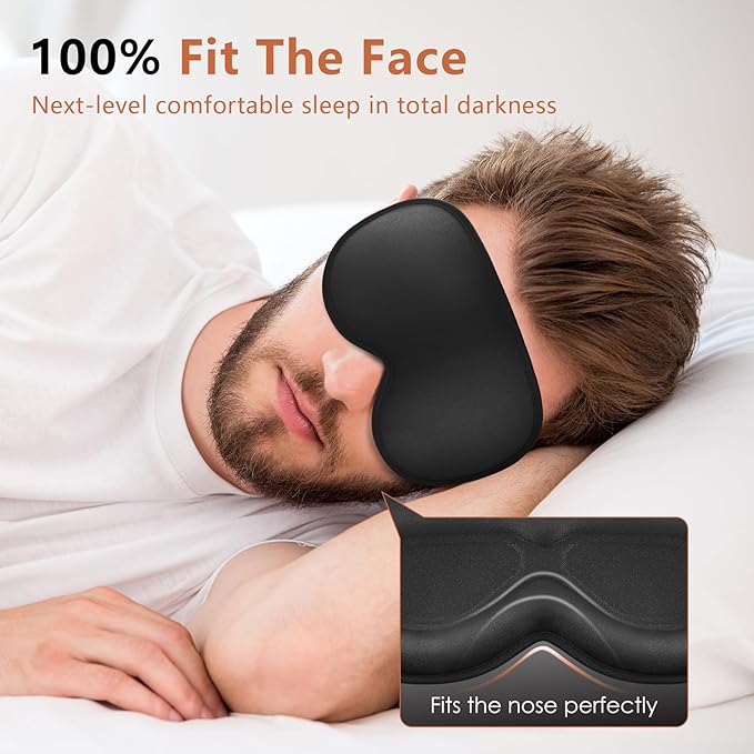 Sleep Mask for Side Sleeper Women Men, Eye Mask for Sleeping Light Blocking, 3D Contoured Cup Sleeping Mask, Soft Breathable Sleep Eye Mask with Adjustable Elastic Strap for Travel (Black)