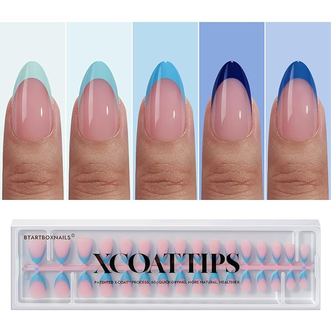 BTArtboxnails XCOATTIPS French Tip Press On Nails - Blue Press On Nails Short, Almond Fake Nail Tips, 160Pcs Soak Off Soft Gel Acrylic Pink Nail Extension in 16 Sizes