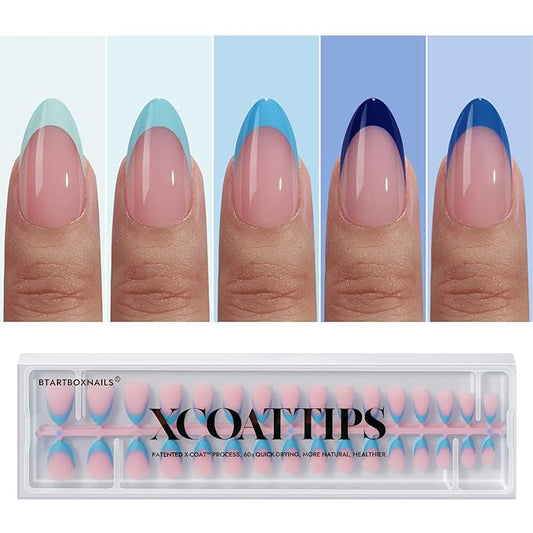 BTArtboxnails XCOATTIPS French Tip Press On Nails - Blue Press On Nails Short, Almond Fake Nail Tips, 160Pcs Soak Off Soft Gel Acrylic Pink Nail Extension in 16 Sizes