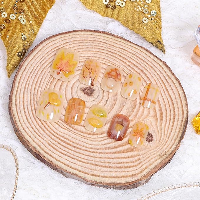 30Pcs Fall Press on Nails Short Square Fake Nails 3D Maple Leaf Glue on Nails Autumn Leaves Pinecone Design Thanksgiving False Nails Fall Artificial Acrylic Nail for Women DIY Holiday Manicure