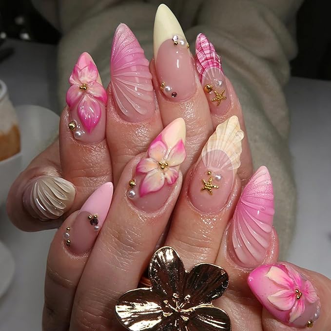 24Pcs Pink Flower Press on Nails Medium Almond Fake Nails 3D Floral Shell Pattern Acrylic Nail Gold Starfish Pearl French Tip Glue on Nails Summer False Nail Tips for Women Manicure Kit