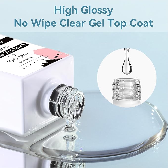 Makartt Gel Top Coat for Chrome Nail Powder - 2 Pcs 15ml Clear No Wipe High Gloss Top Coat Gel Nail Polish Mirror Shine Long Lasting Easy Application, Soak off UV Lamp, DIY Home Salon Art Design