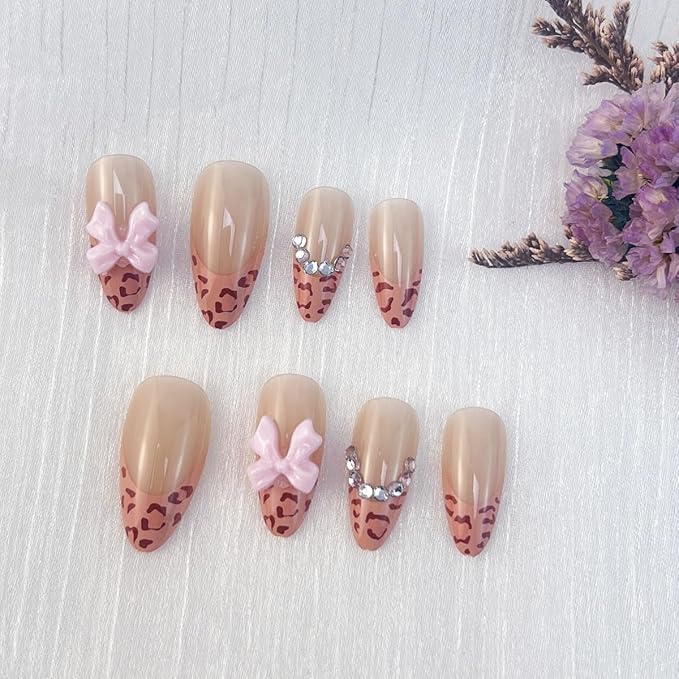 Leopard Print French Tip Press on Nails Medium Length Almond Fake Nails Bow False Nails Brown Nude with Rhinestone Design Glossy Acrylic Stick on Nails for Women Decor Manicure Supplies