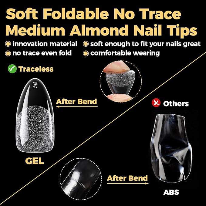 UNA GELLA Almond Gel Nail Tips 600 Pcs Pre Etched Medium Almond Shaped Nails Full Cover Press On Nails 12 Sizes Clear Fake Soft Gel Tips for Flat & Curved Nail Bed Extension Home DIY Salon