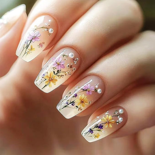 Spring Flowers Press on Nails Glossy Pink Flower Fake Nails 24Pcs Green Leaves Stick on Nails Medium Coffin Acrylic False Nails Pearls Gel Glue on Nails for Coquette Women Girls