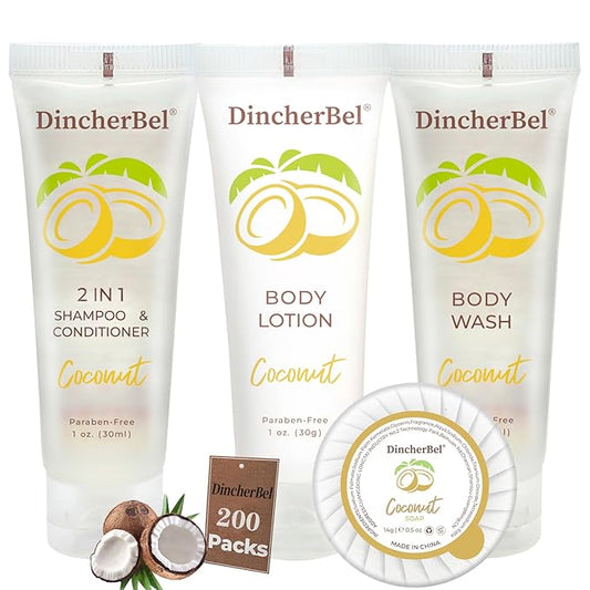 Hotel Amenities 200-Piece Travel Kit: Soap, Shampoo & Conditioner 2 in 1, Body Wash and Body Lotion Bulk Mini Kits for Toiletry Bags - Trial Size Bars & Sets