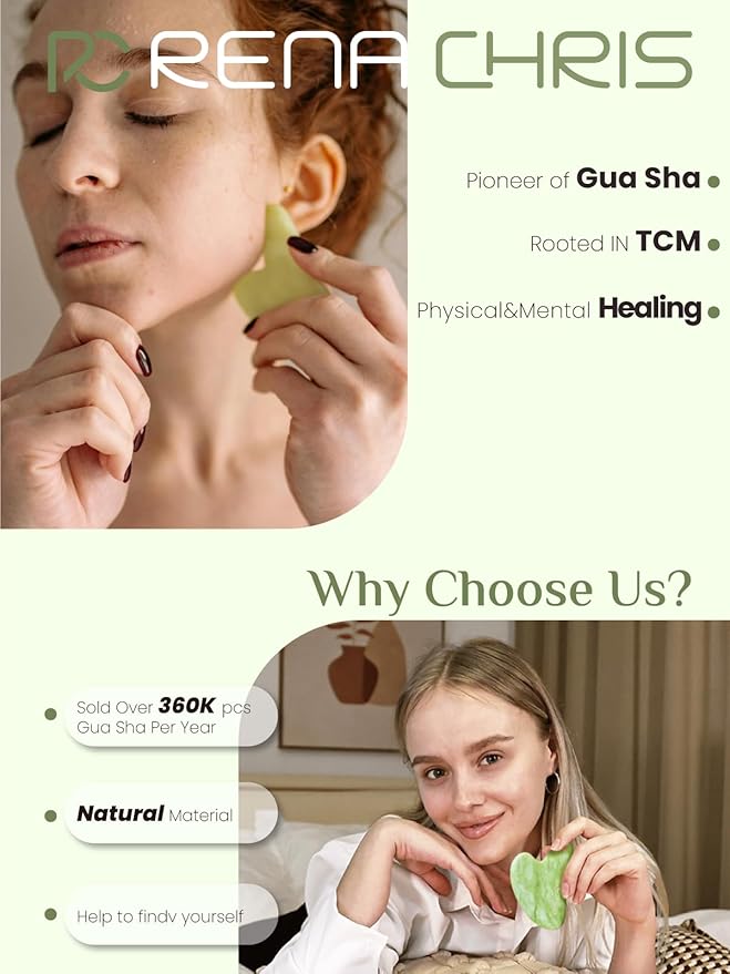 Rena Chris Gua Sha Facial Tools, Xiuyan Jade Stone Guasha Tool for Face Massage, Manual Facial Massager Tool for Jawline Sculpting and Puffiness Reduction with Silicone Case (Green)