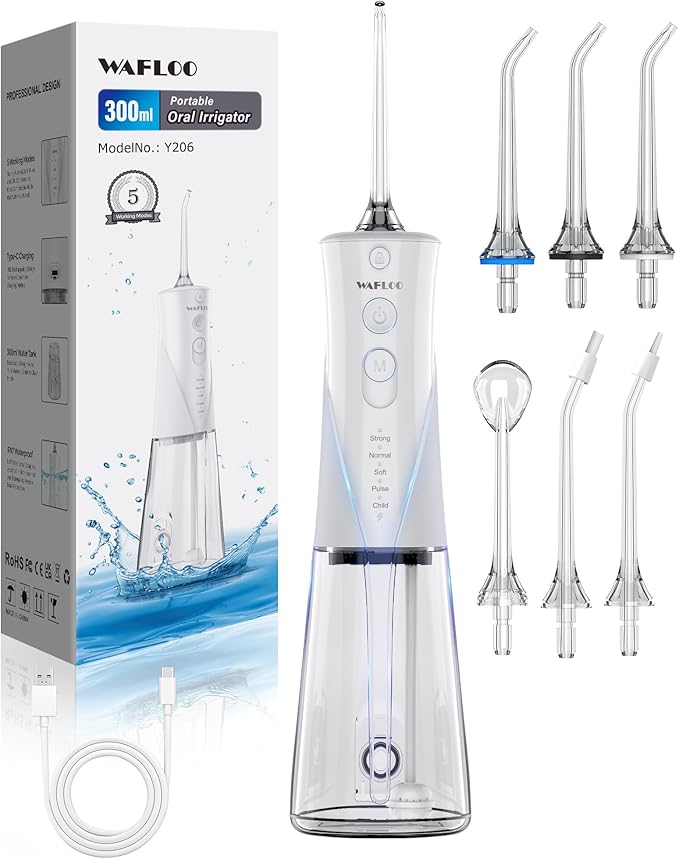 Water Flossers for Teeth - 5 Modes, 6 Flossing Tips, Rechargeable Cordless Portable 300ML Larger Tank Electric Waterflosser Cleaner IPX7 Waterproof Floss Cleaning Teeth Pick for Home Travel
