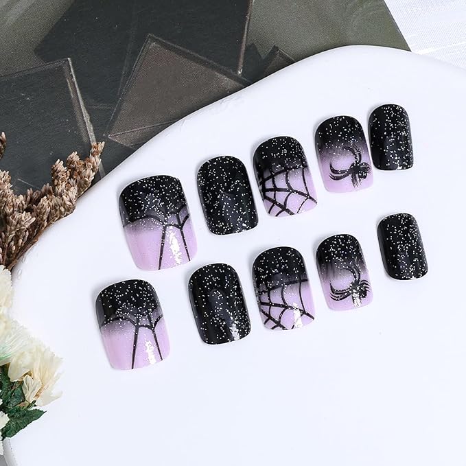 24Pcs Halloween Press on Nails Short Square Fake Nails Spider Press ons Glitter Black Gradient Acrylic Nails Halloween False Nails Spider Web Glue on Nails Spider Nails Holiday Goth Artificial Nails
