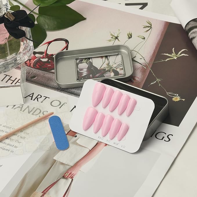 Light Pink Press On Nails - Handmade Medium Almond Gel Acrylic 10pcs Reusable (Summer Dream, Size S)