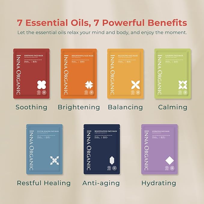 INNA ORGANIC Sheet Mask - After sun care & Soothing｜EWG & COSMOS certified (Pack of 3) | Rose Geranium Essential Oils Infused Skin Care | Luxury Clean Beauty