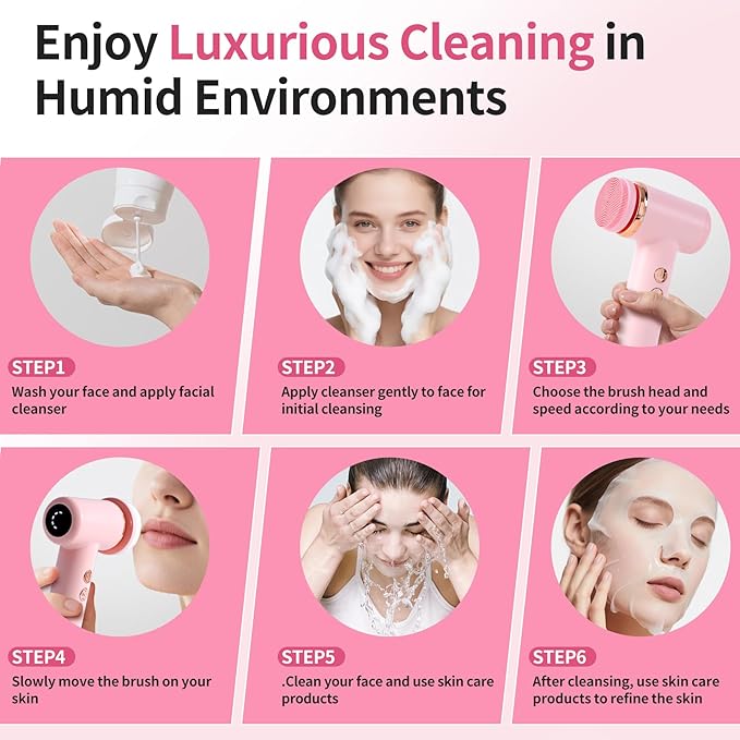 4 in 1 Facial Cleansing Brush, Multi Function Electrical Face Wash, Brush IPX6 Waterproof Portable Face Scrubber, 5 Speed Adjustable, 2 Rotation Directions Adjustable, Gift for Women Men (Pink)