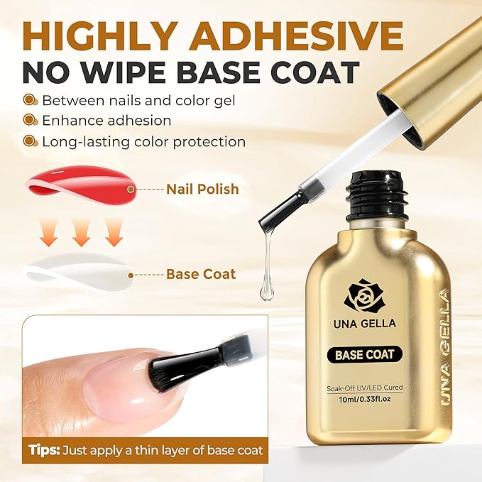 UNA GELLA No Wipe 2PCS Gel Top Coat Base Coat Set, Highly Glossy Top Coat Gel Nail Polish Strengthen and Acid-Free Clear Nail Base Soak Off, Key to Manicure for Her (U V Cure Need)