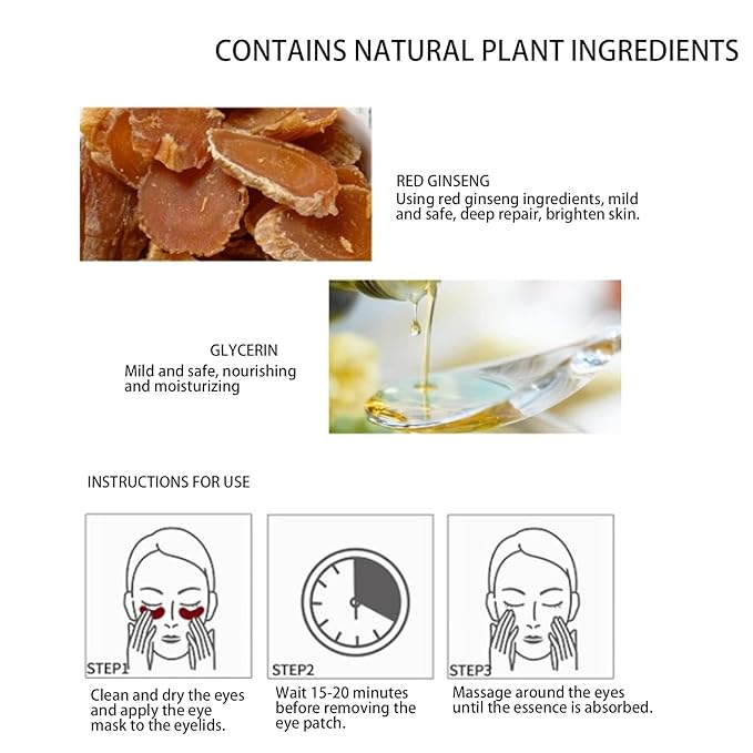 Eye Patches, 20PCS Red Ginseng Repair Eye Moisturizing Nourishing Eye Patch Firming Pad Dark Circles Crystal Collagen 3g for Wrinkles, Puffy Eyes