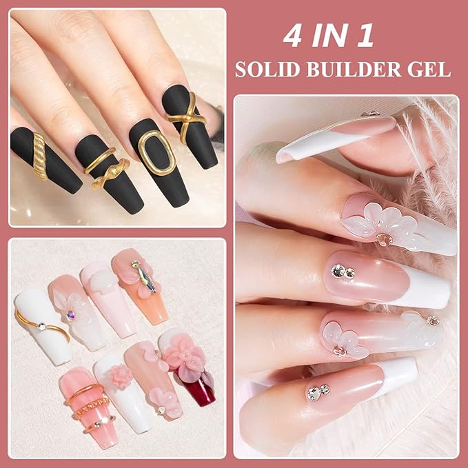 MIZHSE Solid Builder Gel, Nail Sculpture Gel Non-Sticky 4 Colors Nude Clear White Pink Hard Builder Nails UV LED Nail Extension for Salon Manicure Home DIY