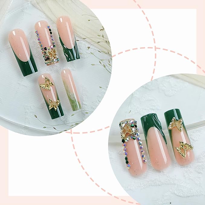 BABALAL Press on Nails Long Square Fake Nails Green French Tip Glue on 3D Texture Handmade Acrylic Nails with Butterfly Charm Luxury False Nails 24Pcs Squoval Nails Artificial Nails for Women Girls