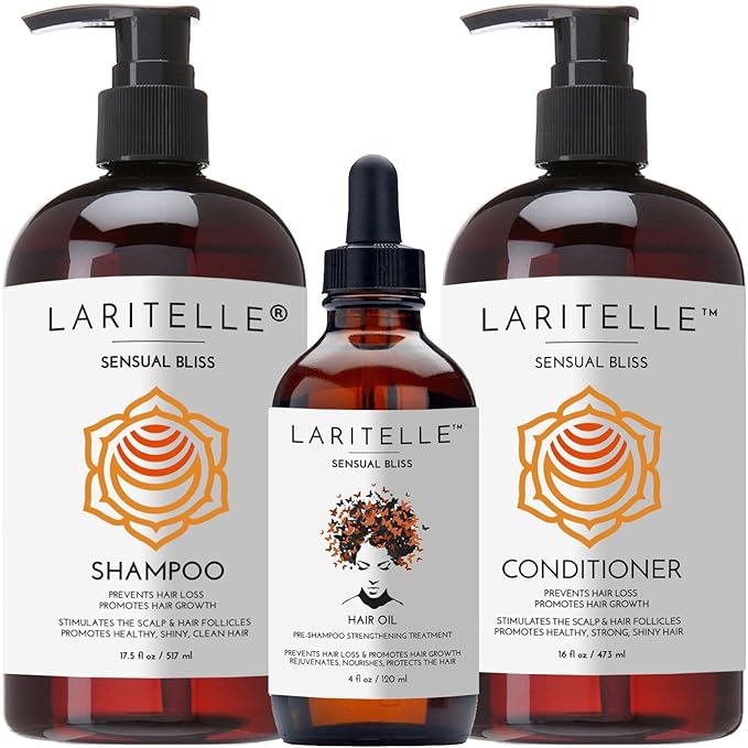 Laritelle Organic Hair Growth Set | Shampoo 16 oz + Conditioner 16 oz + Hair Loss Treatment 4 oz | Argan Oil, Rosemary, Palmarosa & Orange | NO GMO, Sulfates, Gluten, Alcohol, Parabens, Phthalates