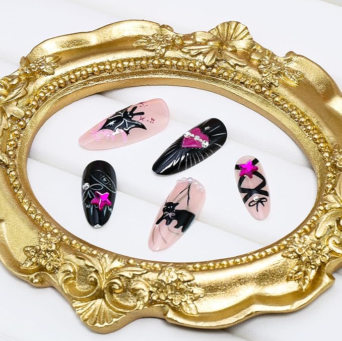 24Pcs Halloween Press on Nails Almond Medium Fake Nails Y2k Bat Cat Heart Star Rhinestone Design Gothic Acrylic Nails Black Pink Glue on Nails Bow False Nails Halloween Artificial Nails for Women