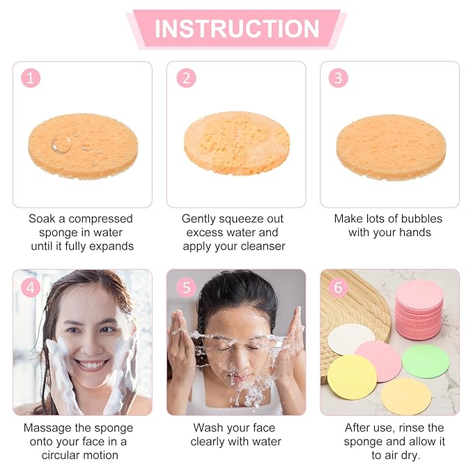 uxcell 50 Count Compressed Facial Sponges Round Face Cleansing Sponges Pads for Daily Skincare Routines at Home, Kitchen(Yellow)