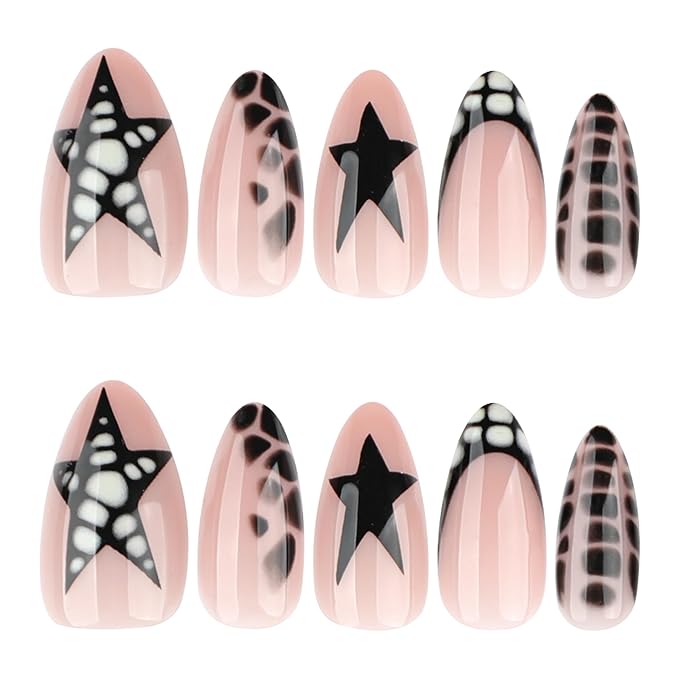 Nude Pink French medium Press On Nails Almond, Punk Mixed Design Fake Nails with Black Star & Crocodile Texture Detail, Glossy Gel Finish Acrylic Nails, Reusable Glue On Nails Kit for Women