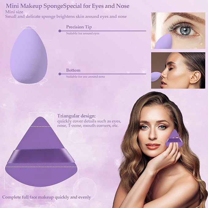 14 Pcs Makeup Sponge Set, Beauty Sponges Blender with 4 Pcs Powder Puff and 4 Pcs Mini Make up Sponges for Liquid,Foundation,Powder,Concealer,Cream (Purple)