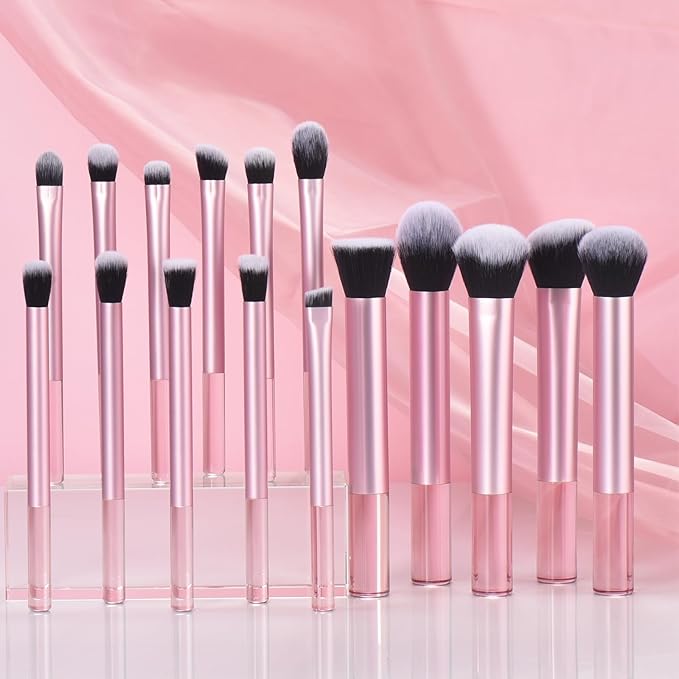 111 Makeup Brushes Set 22 Pcs Makeup Kit With Case Premium Soft Synthetic Hair Foundation Brush Concealer Brush Eyeshadow Brush Transparent Make up Brushes Set With Beauty puff (Pink+Black, 22pcs)