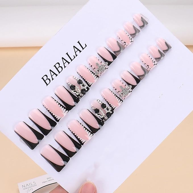 BABALAL Duck Nails Press On Black French Tip Nails 24Pcs Punk Goth Design Acrylic Roses