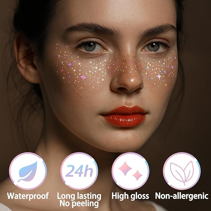12 Sheets Glitter Freckles Stickers for Face and Body, Star and Heart Face Tattoo for Women and Girls, Long Lasting Waterproof Festival Rave Makeup Accessories