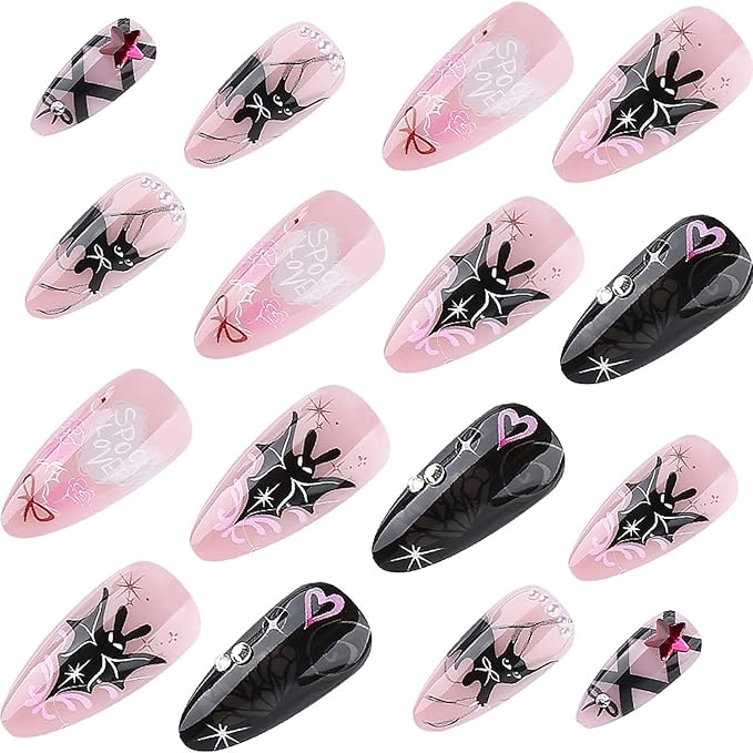 24pcs Halloween Nails - Handmade Press on Nails Black Bat Graffiti Fake Nails Medium Almond Halloween Press on Gothic Punk Stick on Nails Full Cover Artificial Acrylic Fake Nail Tips Manicure Finger
