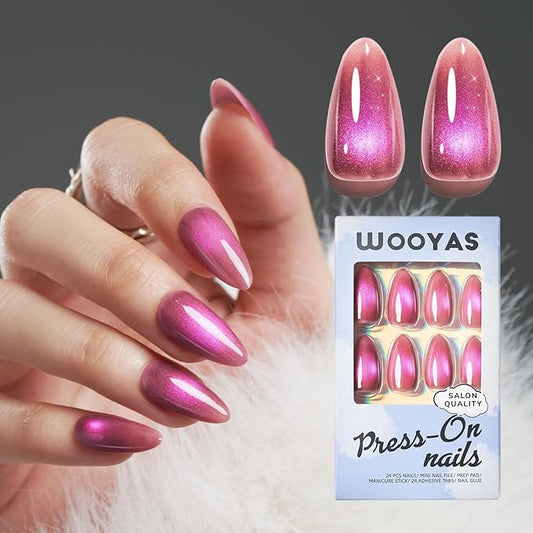 Wooyas Cat Eye Press on Nails Almond, Purplish Pink Medium Handmade Magnetic Gel Nails with Glitter Top Coat, Glossy Salon Glue on Nails in 12 Sizes - 24 Pcs False Nails Kit for Women Girls