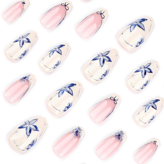 French Press On Nails Short Almond, Nude Base with Beige French Tips and Blue Floral Petal Design Glossy Gel Finish 24pcs Reusable Acrylic Fake Nails Kit for Women Natural Look Glue-On Nail Set