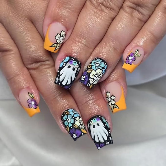 24Pcs Halloween Orange French Tip Press on Nails Short Square False Nail with Colorful Skull Flower Designs Halloween Fake Nails Cute Ghost Stick on Nail for Women DIY Manicure Decorations