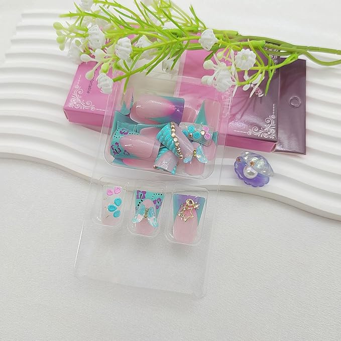 Duck Press on Nails Medium Fake Nails with 3D Flower Butterfly Star Rhinestones DesignsGradient French Tip Nails Press ons Glossy Glue on Nails for Women 24Pcs